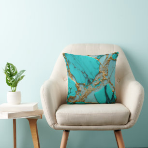 Coussin Marbre Turquoise avec Veines Dorées