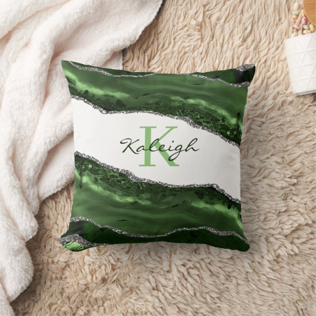 Coussin Marbre Vert Élégant Monogramme Paillettes Argentée (Couverture)