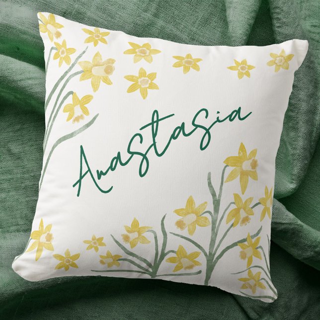 Coussin March Birth Month Daffodil Personalized (March Birth Month Flower daffodil personalized custom name script font watercolor birthday pillow)