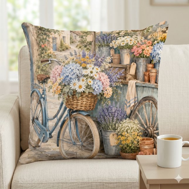 Coussin Marché de fleurs Bloomcore avec bicyclette (Bloomcore Flower Market Bicycle Throw Pillow)