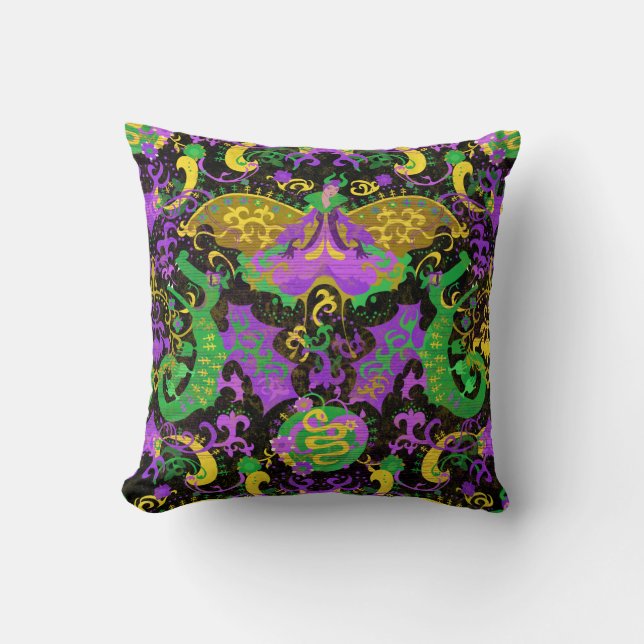Coussin Mardi Gras Couleurs Damask Dragon, Papillon, Serpe (Recto)