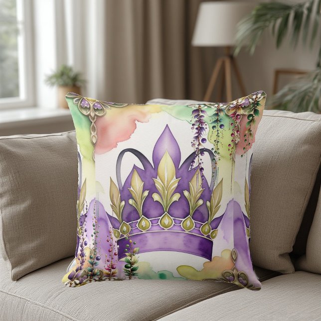 Coussin Mardi Gras Couronne violette Vert & Or Aquarelle (Mardi Gras Purple Crown Green & Gold Watercolor Throw Pillow)