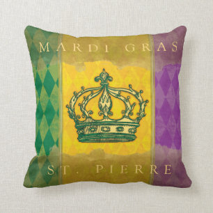 Coussin Mardi Gras Crown Purple Gold Nom de famille Monogr