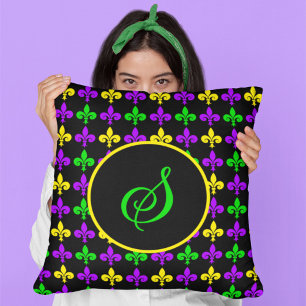 Coussin Mardi Gras Fleur de Lis Motif Monogramme personnal