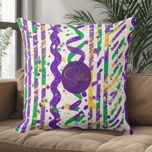 Coussin Mardi Gras Luxueux Bandes Violettes Or Vert Confet