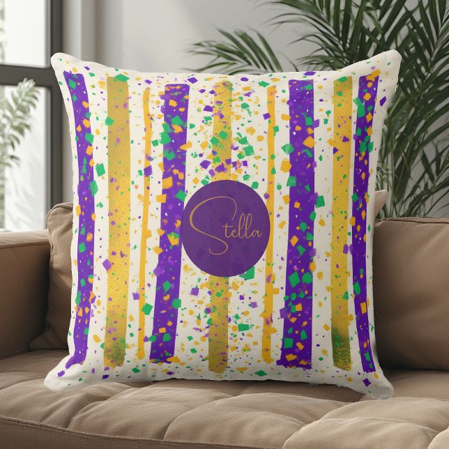 Coussin Mardi Gras Luxueux Rayure Violette Dorée Verte (Luxury Mardi Gras Vibrant Purple Gold Green Stripe Throw Pillow)