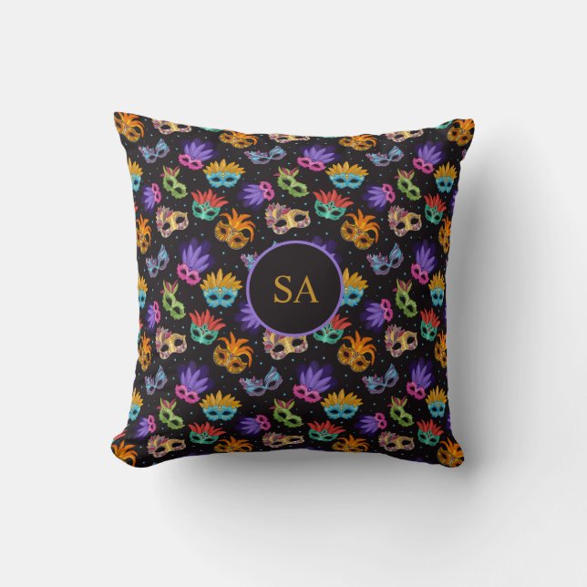 Coussin Mardi Gras Masque de plumes violet vert bleu étoil (Recto)