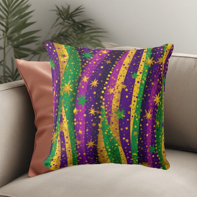 Coussin Mardi gras Violet Vert Or Étoiles Rayures Vibrante (Mardi gras Purple Green Gold Stars Stripes Vibrant Throw Pillow)