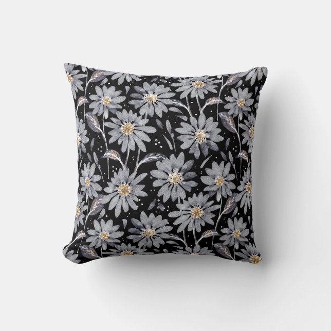 Coussin Marguerite gris argenté sur floral réversible noir (Recto)
