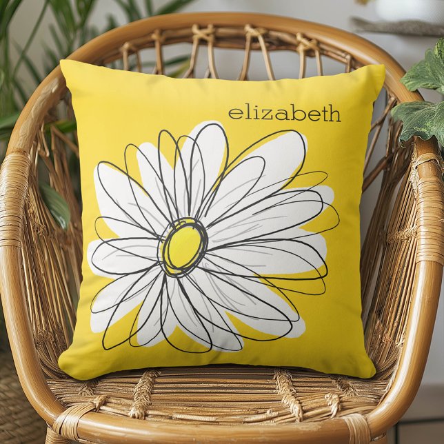 Coussin Marguerite lunaire jaune et blanc avec texte perso (Whimsical Daisy Pillow)