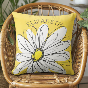 Coussin Marguerite lunaire jaune et blanc avec texte perso
