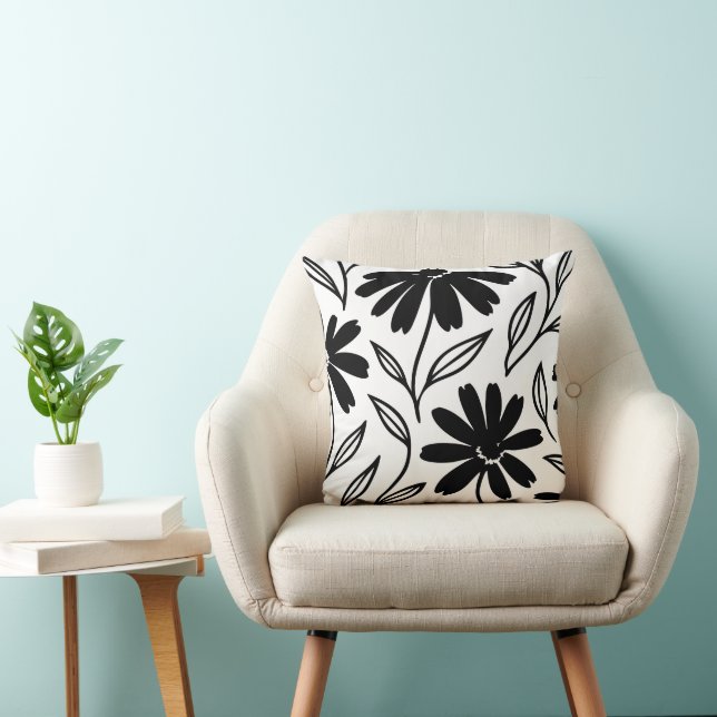 Coussin Marguerites à l'encre noire Boho (Chaise)