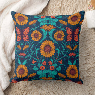 Coussin Marguerites Art Nouveau en bleu et jaune