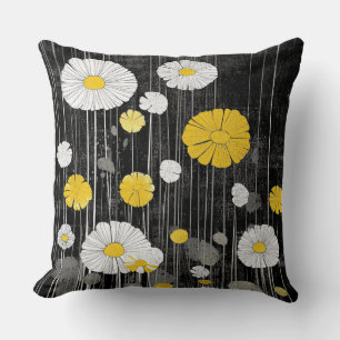 Coussin Marguerites blanches et jaunes sur fond gris noir