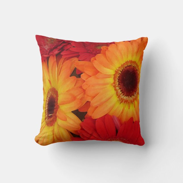 Coussin Marguerites oranges et rouges de Gerber (Recto)