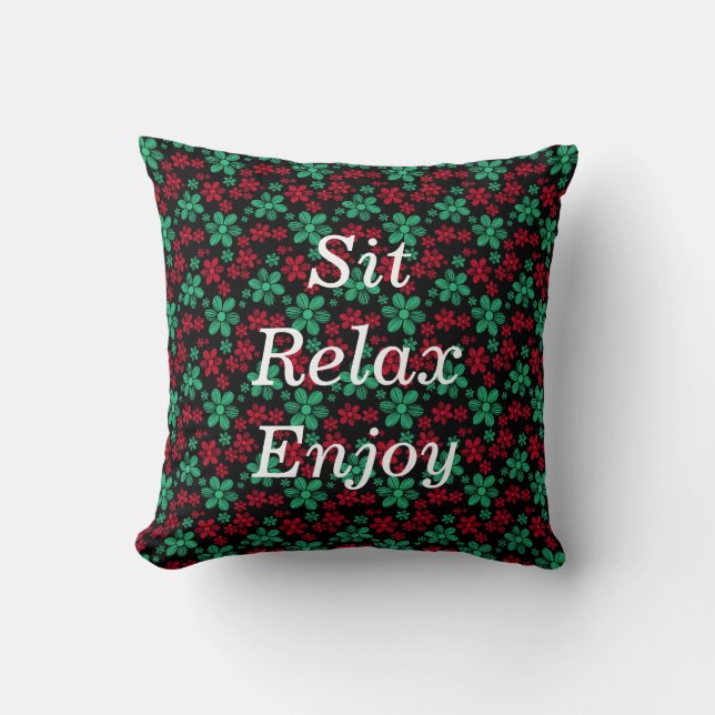 Coussin Marguerites rouges et vertes avec fond noir (Recto)