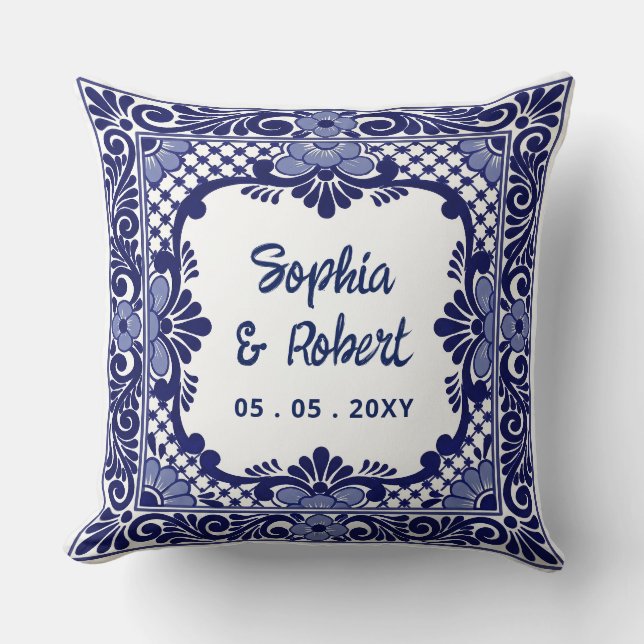 Coussin Mariage à la Talavera Bleue Mexicaine (Recto)