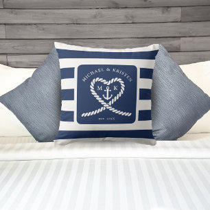 Coussin Mariage à l'ancre en forme de cœur rayé bleu marin