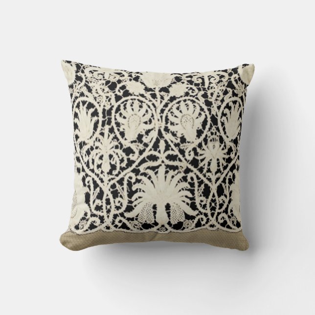 Coussin Mariage Antique Dentelle Lin Blanc Classique Joli (Recto)