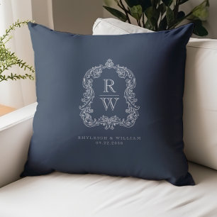 Coussin Mariage Armoiries Monogramme Vintage Bleu Marine