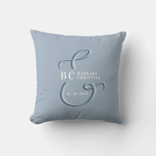 Coussin Mariage au Monogramme Bleu Poussiéreux