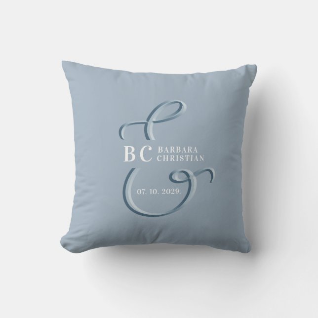 Coussin Mariage au Monogramme Bleu Poussiéreux (Recto)