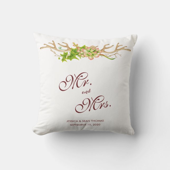 Coussin Mariage aux bois de cerf rustiques et fleurs sauva (Recto)