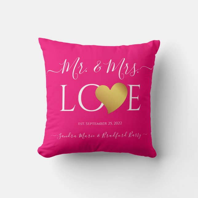 Coussin Mariage Black Gold Heart Nom du script Mr et Mrs. (Recto)