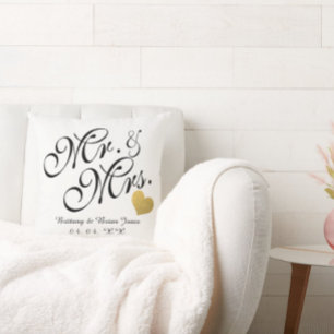 Coussin Mariage Black Script Gold Nom du coeur M et Mme