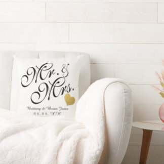 Coussin Mariage Black Script Gold Nom du coeur M et Mme