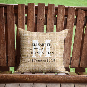 Coussin Mariage Blanc Monogramme Rustique Fausse Toile de