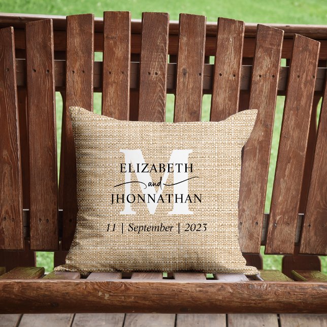 Coussin Mariage Blanc Monogramme Rustique Fausse Toile de  (Créateur téléchargé)