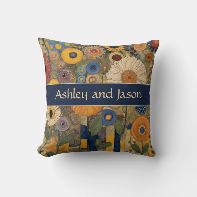 Coussin Mariage Boho Blue Gold Custom Couple Names (Recto)