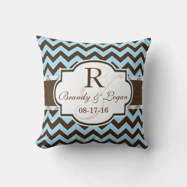 Coussin Mariage Chevron bleu et Brown (Recto)