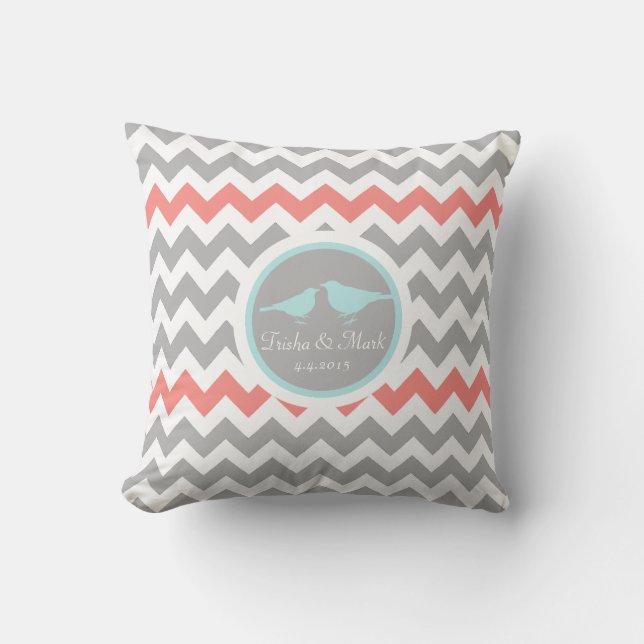 Coussin Mariage Chevron Grey Aqua White Bird (Recto)