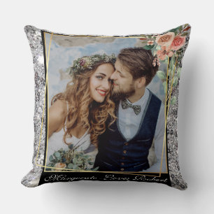 Coussin Mariage Chic Moderne Amour Couple Paillettes Argen