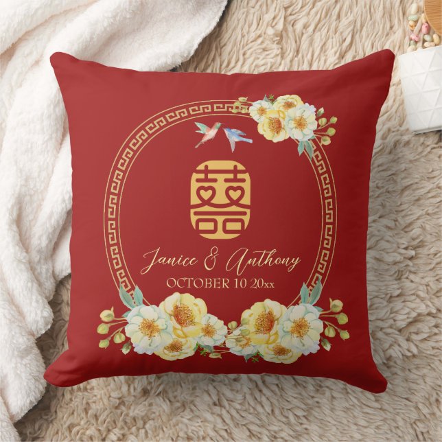 Coussin Mariage chinois cadre rouge floral oiseau (Couverture)