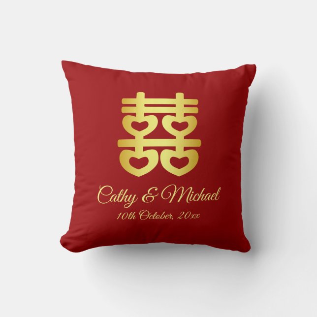 Coussin Mariage chinois cœur double bonheur rouge  (Recto)