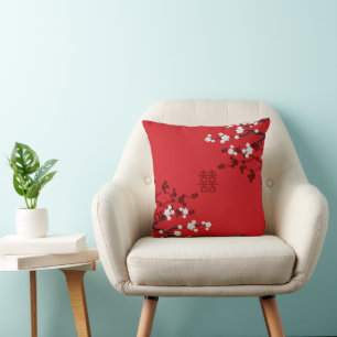Coussin Mariage chinois de double bonheur de fleurs de