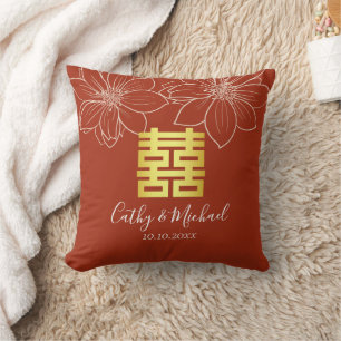 Coussin Mariage chinois floral moderne rouge boho