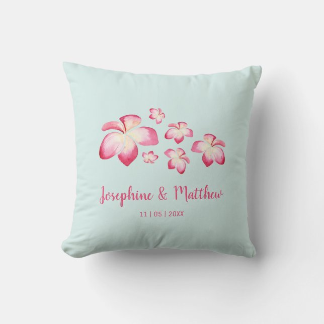 Coussin Mariage d'aquarelle rose de la Plumeria tropicale (Recto)