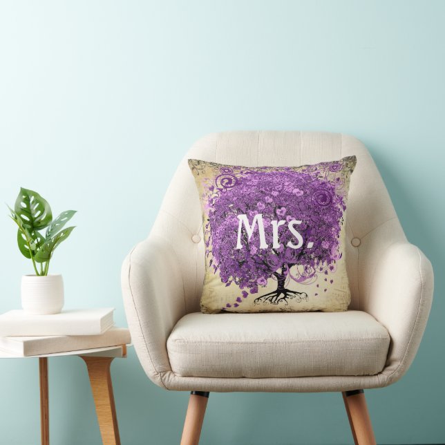Coussin Mariage de feuille d'arbre de coeur violet radiant (Chaise)