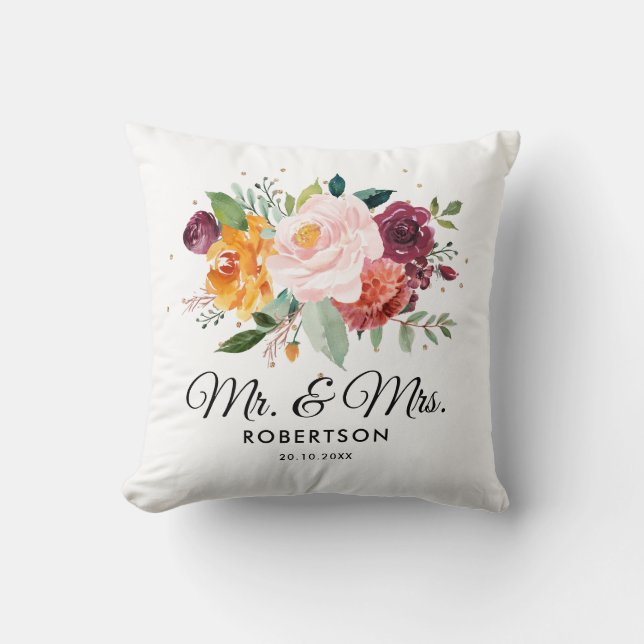Coussin Mariage de fleurs florales de Bourgogne d'automne (Recto)