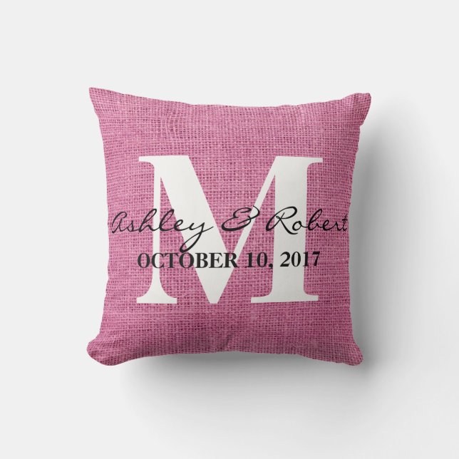 Coussin Mariage de monogramme blanc Burlap décoratif moder (Recto)