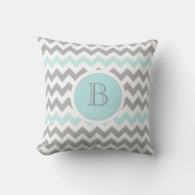 Coussin Mariage de monogramme blanc Chevron Grey Aqua (Recto)