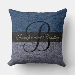 Coussin Mariage de monogramme élégant bleu foncé et gris