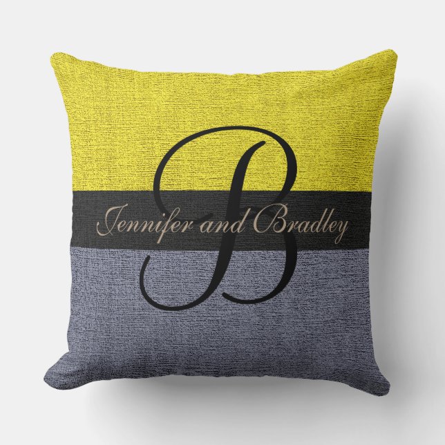 Coussin Mariage de monogramme élégant jaune et gris (Recto)