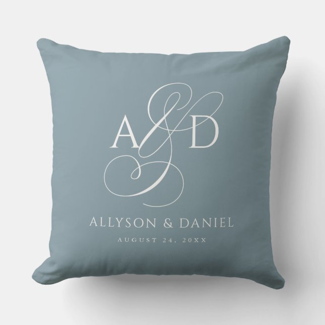 Coussin Mariage de monogramme initial élégant bleu (Recto)