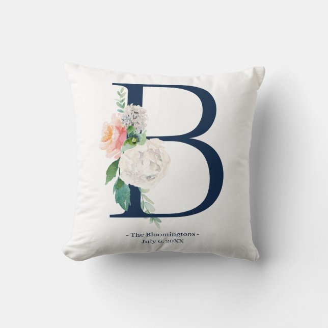 Coussin Mariage de monographie florale bleu de la marine C (Recto)