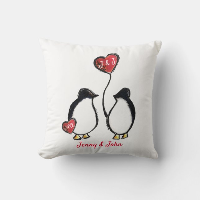 Coussin Mariage de pingouin et de coeur (Recto)
